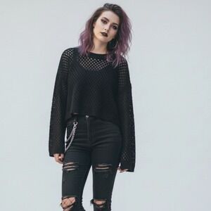 H&M Divided Open Knit Cropped Sweater Medium Black Long Sleeve Pullover Top